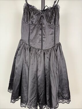 Black Satin Corset Mini Dress Lace Trim Ruched Bust Front Tie Babydoll - S